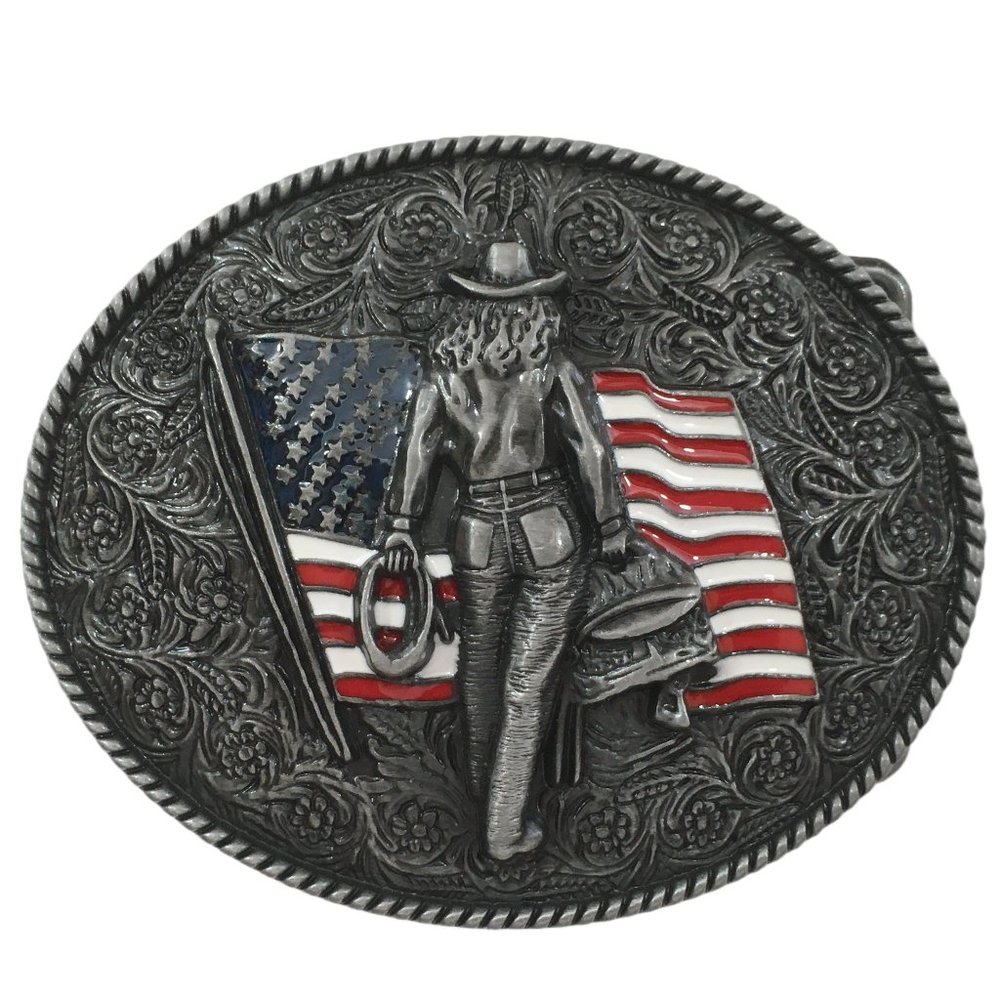 Western Cowgirl Belt Buckle American West Cow Girl USA Flag